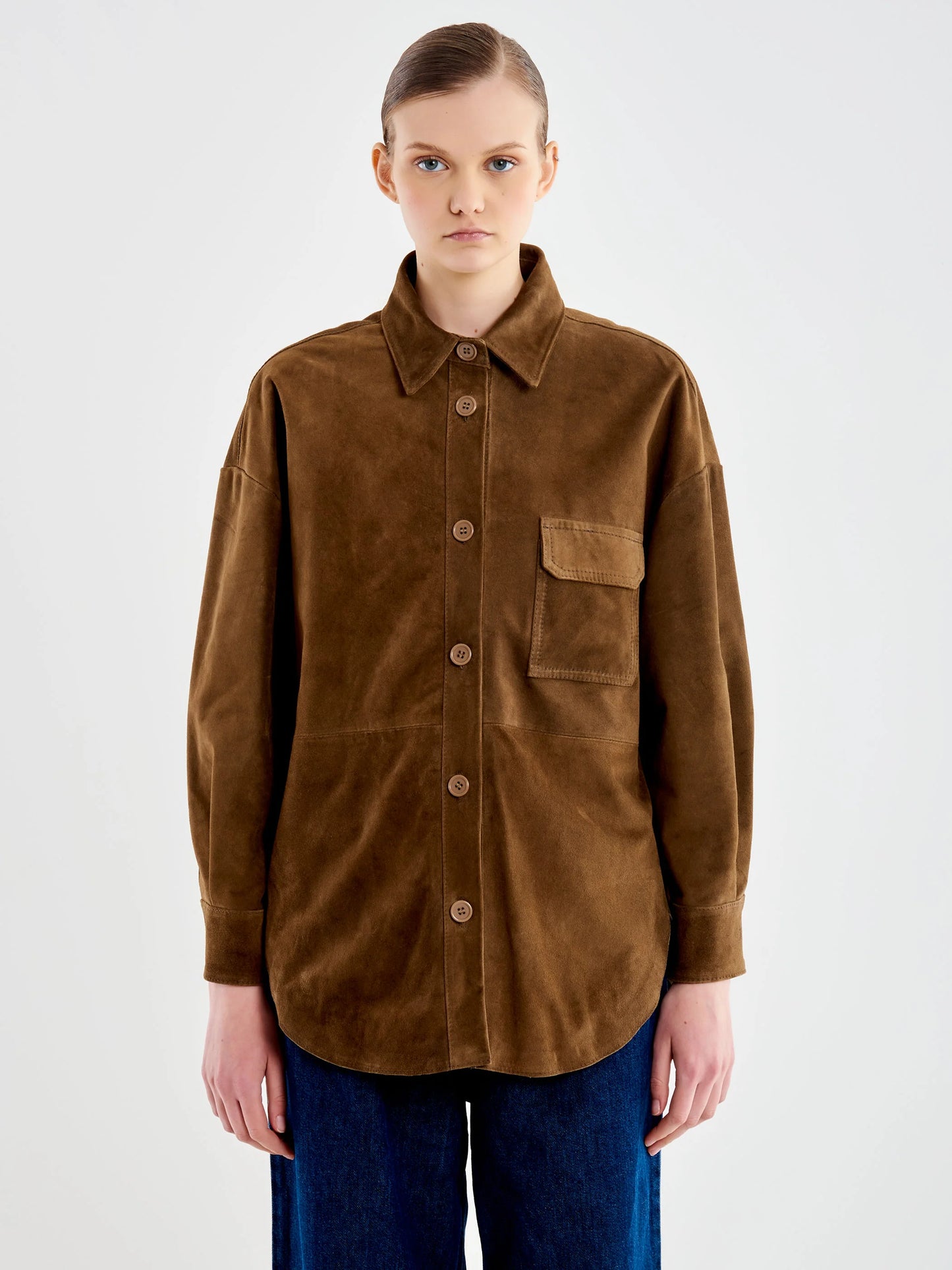 Overshirt con tasca in vera pelle