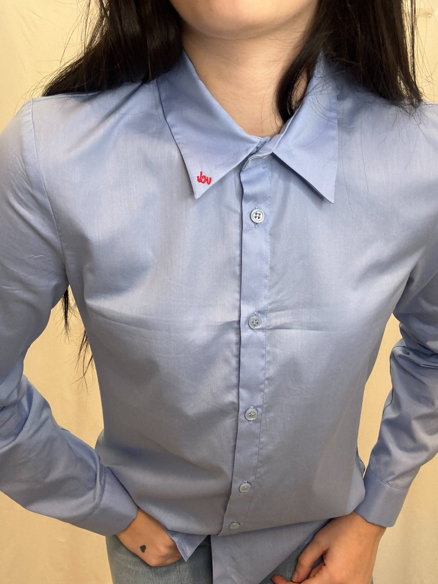 Camicia celeste con ricamo rosso