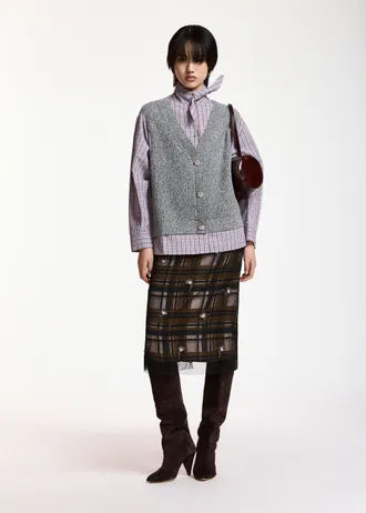 Shirt with superimposed wool vest, gray, light blue, and red