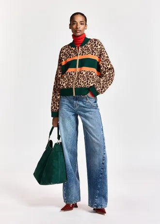 Cardigan con zip e stampa leopardata a blocchi di colore, marrone e multicolore