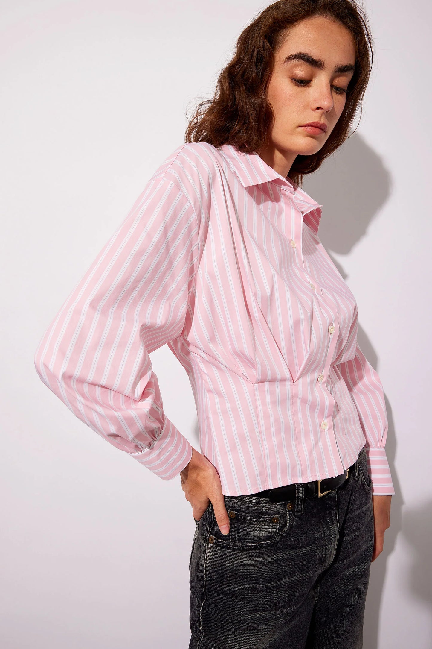 Camicia in popeline rigato con pinces