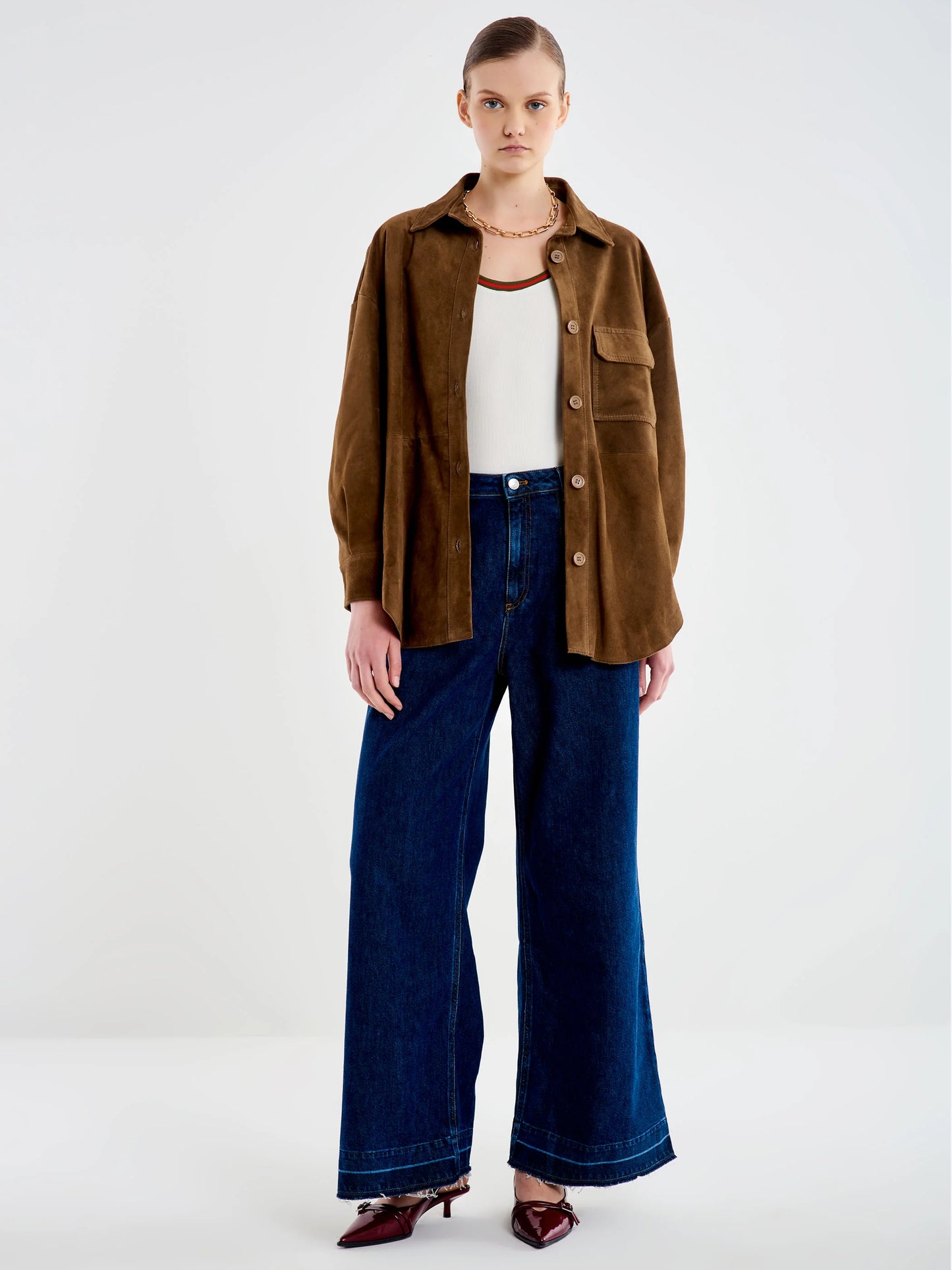 Overshirt con tasca in vera pelle