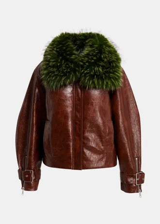 Giacca in similpelle marrone con colletto in pelliccia sintetica verde