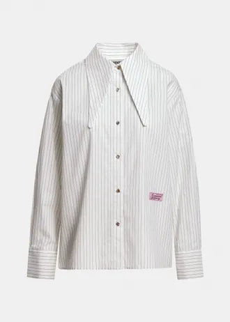 Camicia in cotone a righe bianco sporco e nere con colletto allungato