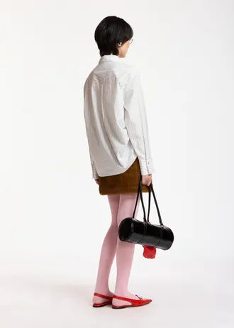 Camicia in cotone a righe bianco sporco e nere con colletto allungato