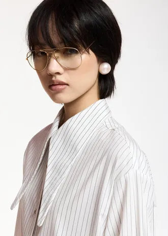 Camicia in cotone a righe bianco sporco e nere con colletto allungato