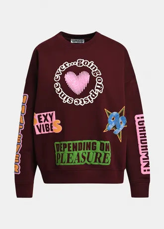 Felpa in cotone con stampa grafica bordeaux e multicolore