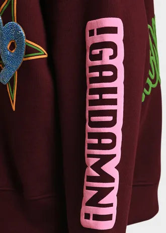 Felpa in cotone con stampa grafica bordeaux e multicolore