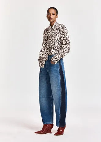 Jeans a barilotto con inserti blu scuro e neri