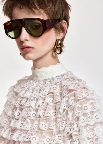 Maglia con volant in pizzo a strati bianco off-white