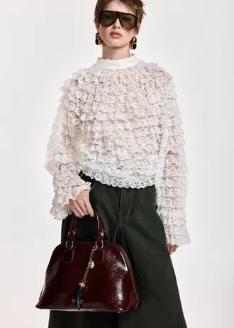 Maglia con volant in pizzo a strati bianco off-white