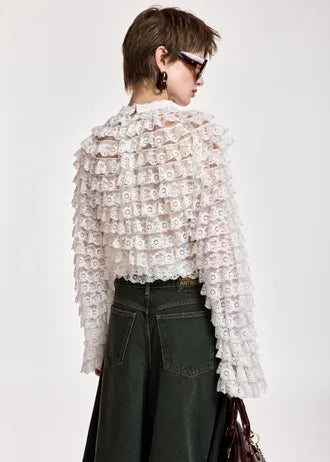Maglia con volant in pizzo a strati bianco off-white