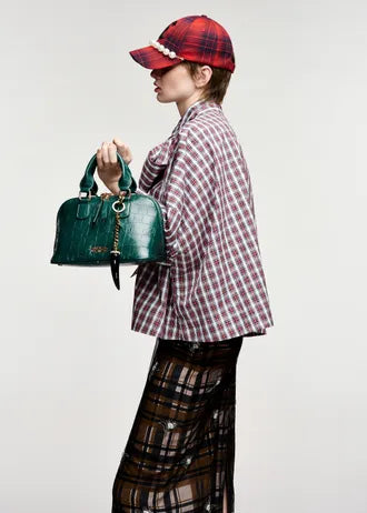 Top with blue, red, and dark green plaid bow, with bell sleeves