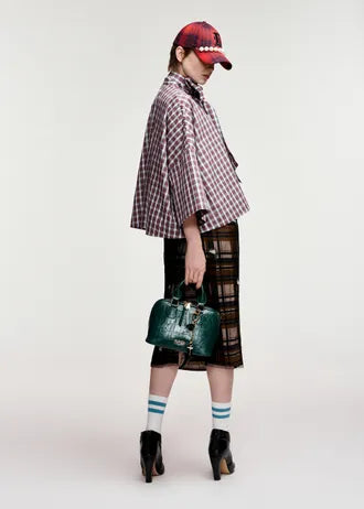 Top with blue, red, and dark green plaid bow, with bell sleeves