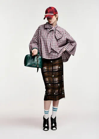 Top with blue, red, and dark green plaid bow, with bell sleeves