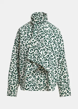 Dark green and off-white leopard print shirt with neck tie