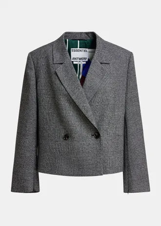 Blazer corto doppiopetto a quadri grigio e nero, con zip sotto il braccio