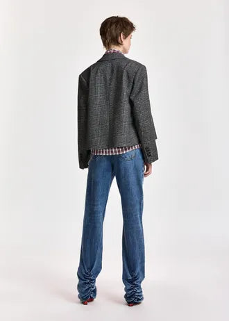 Blazer corto doppiopetto a quadri grigio e nero, con zip sotto il braccio
