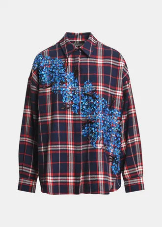 Camicia oversize a quadri rossi, navy e blu decorata con paillettes