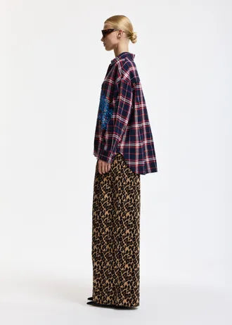 Camicia oversize a quadri rossi, navy e blu decorata con paillettes