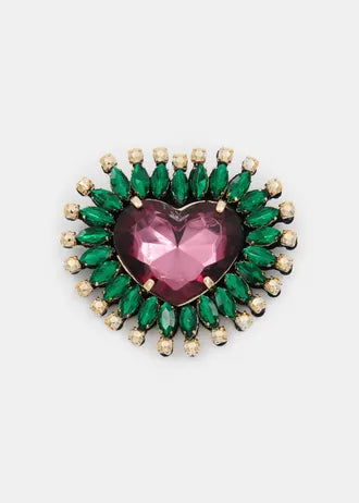 Spilla a forma di cuore con strass verdi e rosa