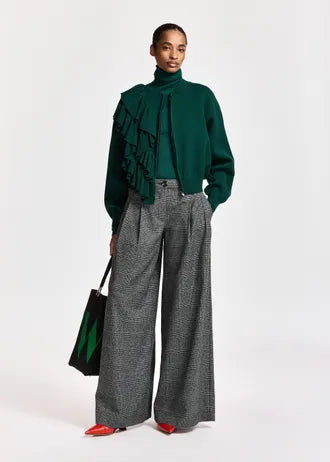 Black and grey plaid wide-leg trousers, twisted seam