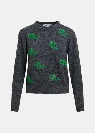 Maglione in lana jacquard a fantasia floreale grigia e verde