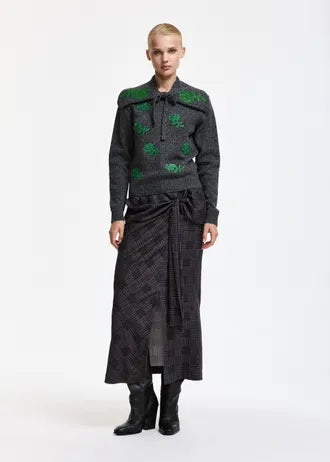 Maglione in lana jacquard a fantasia floreale grigia e verde