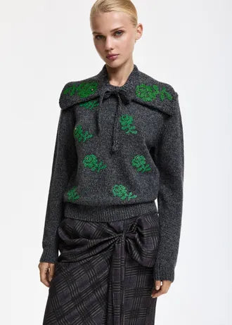 Maglione in lana jacquard a fantasia floreale grigia e verde