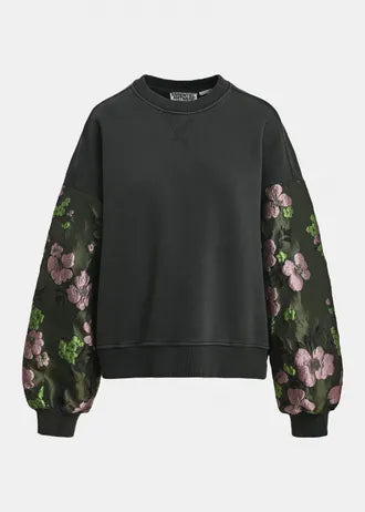 Felpa con maniche in jacquard floreale grigio scuro, kaki e rosa chiaro