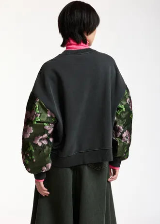 Felpa con maniche in jacquard floreale grigio scuro, kaki e rosa chiaro