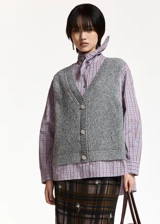 Shirt with superimposed wool vest, gray, light blue, and red