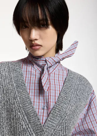 Shirt with superimposed wool vest, gray, light blue, and red