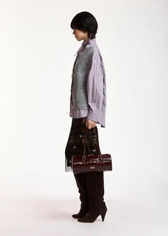Shirt with superimposed wool vest, gray, light blue, and red