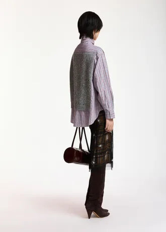 Shirt with superimposed wool vest, gray, light blue, and red