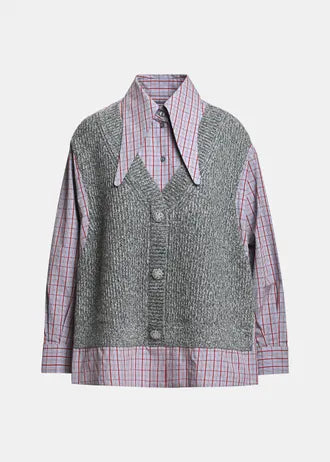 Shirt with superimposed wool vest, gray, light blue, and red