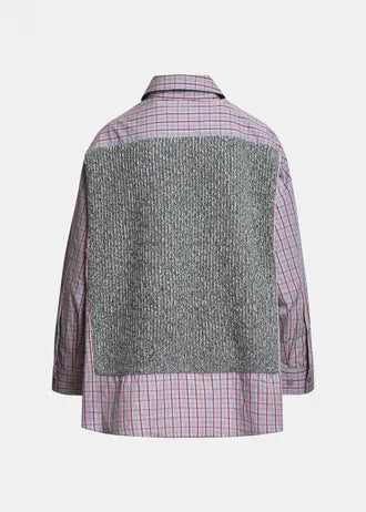 Shirt with superimposed wool vest, gray, light blue, and red
