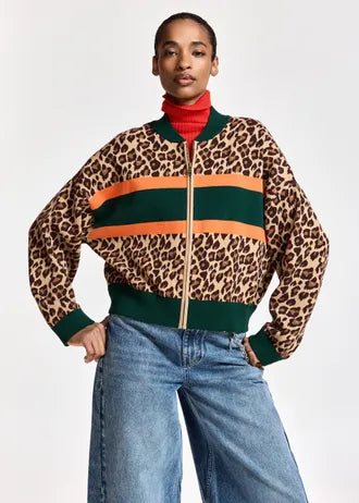 Cardigan con zip e stampa leopardata a blocchi di colore, marrone e multicolore