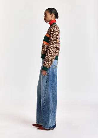 Cardigan con zip e stampa leopardata a blocchi di colore, marrone e multicolore